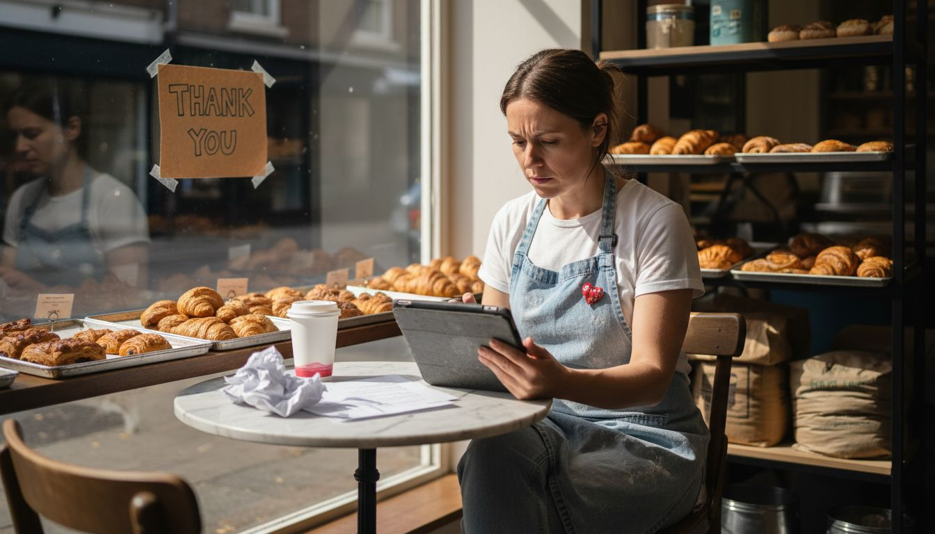 Bakery owner reading customer online reviews