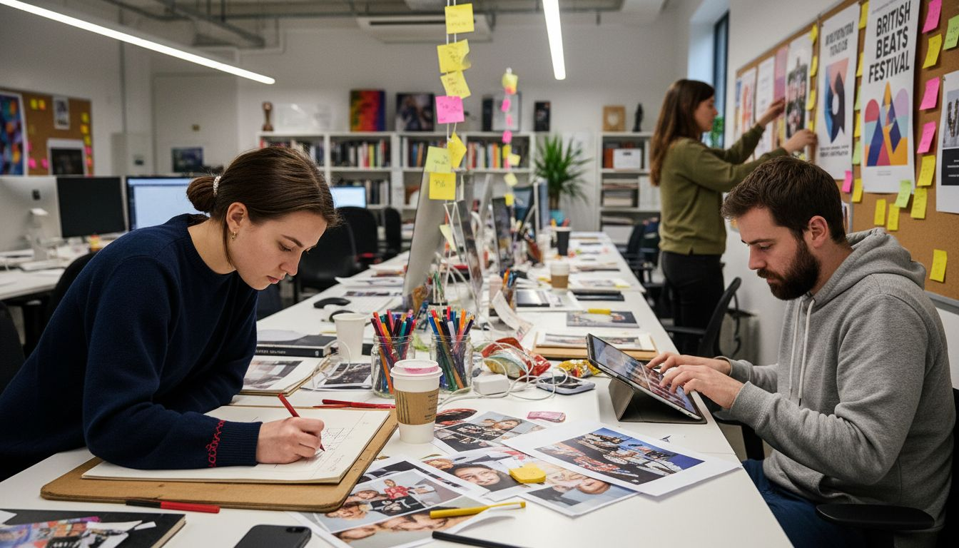 Designer sketching creative social ad ideas