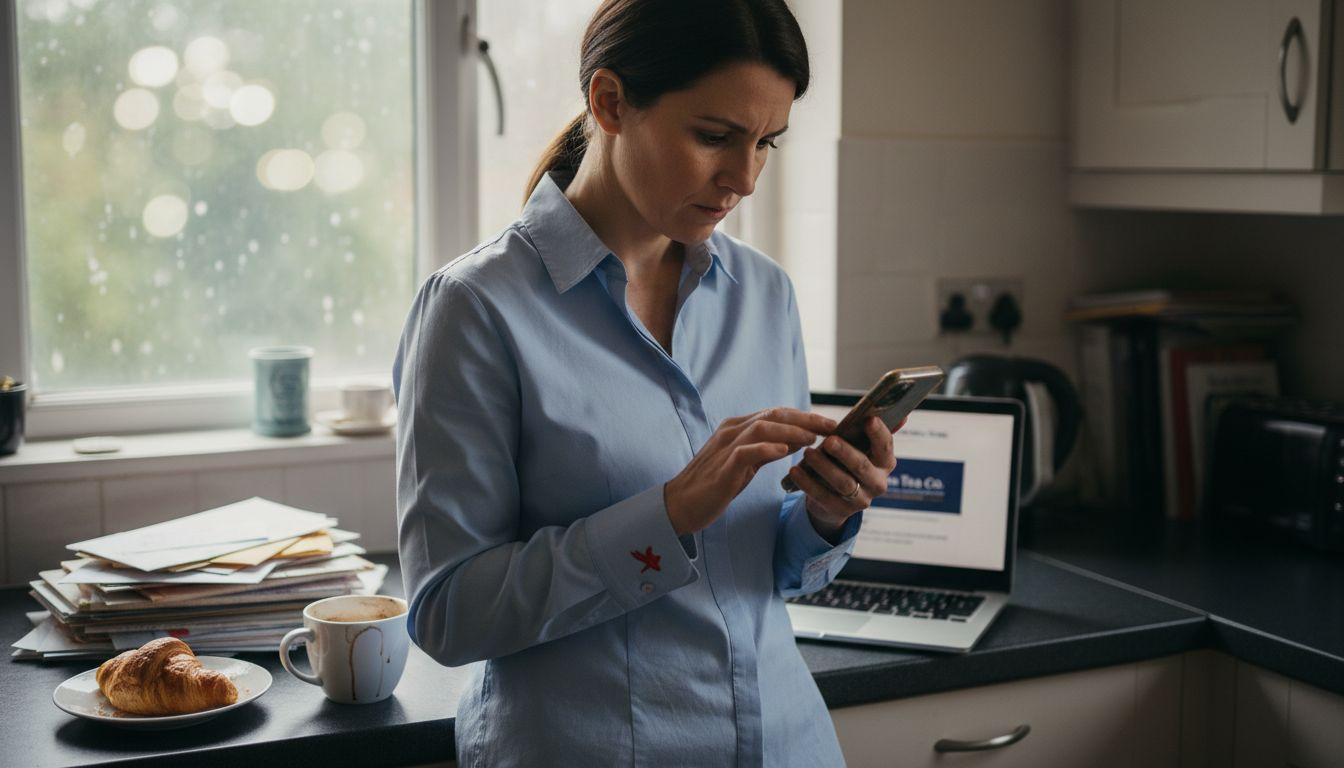 Woman reading marketing email at kitchen counter