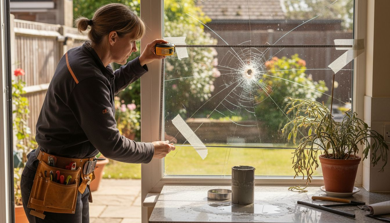 Glazier measuring kitchen window break-in damage