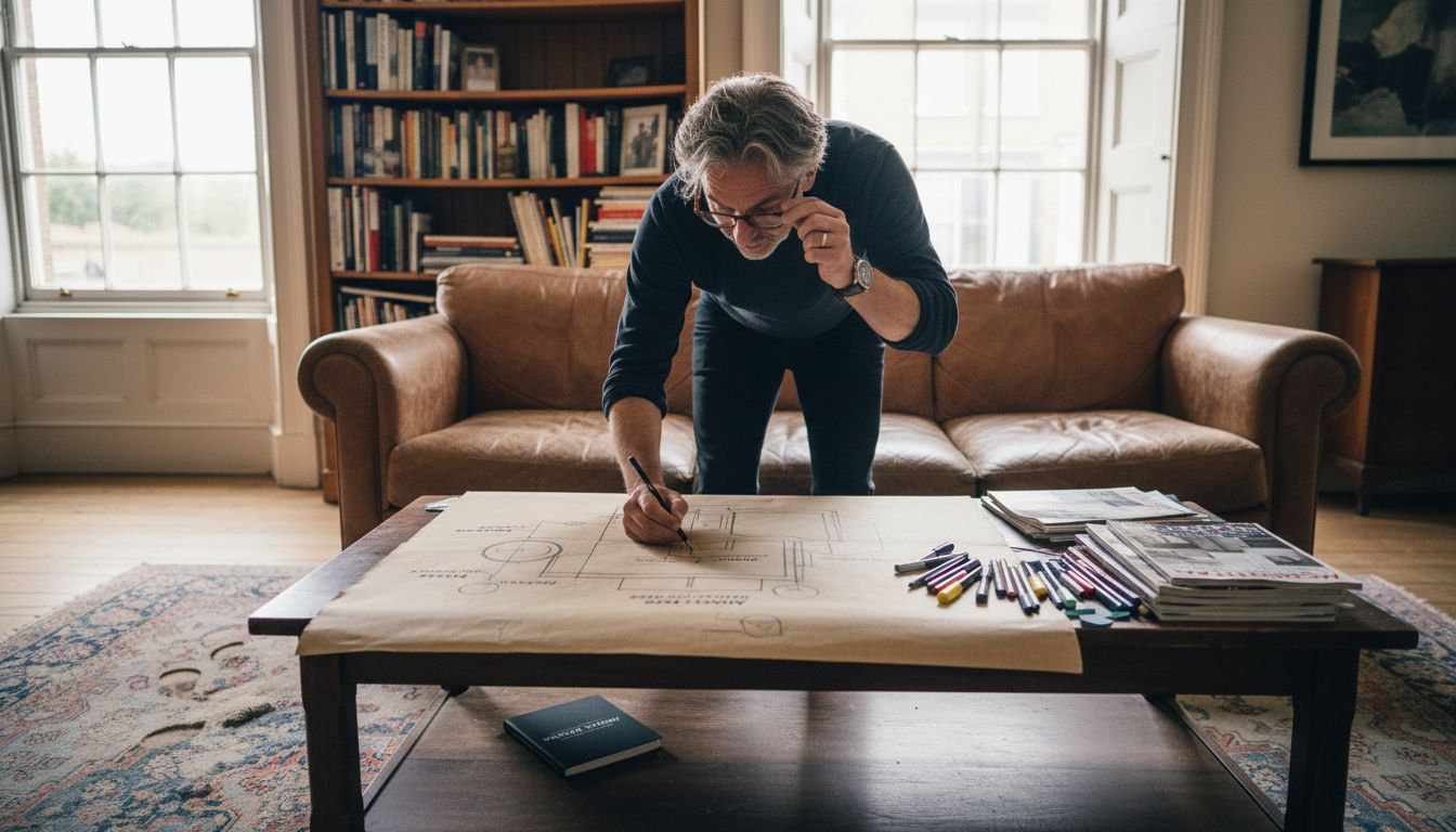 Person sketching lighting zones in sitting room