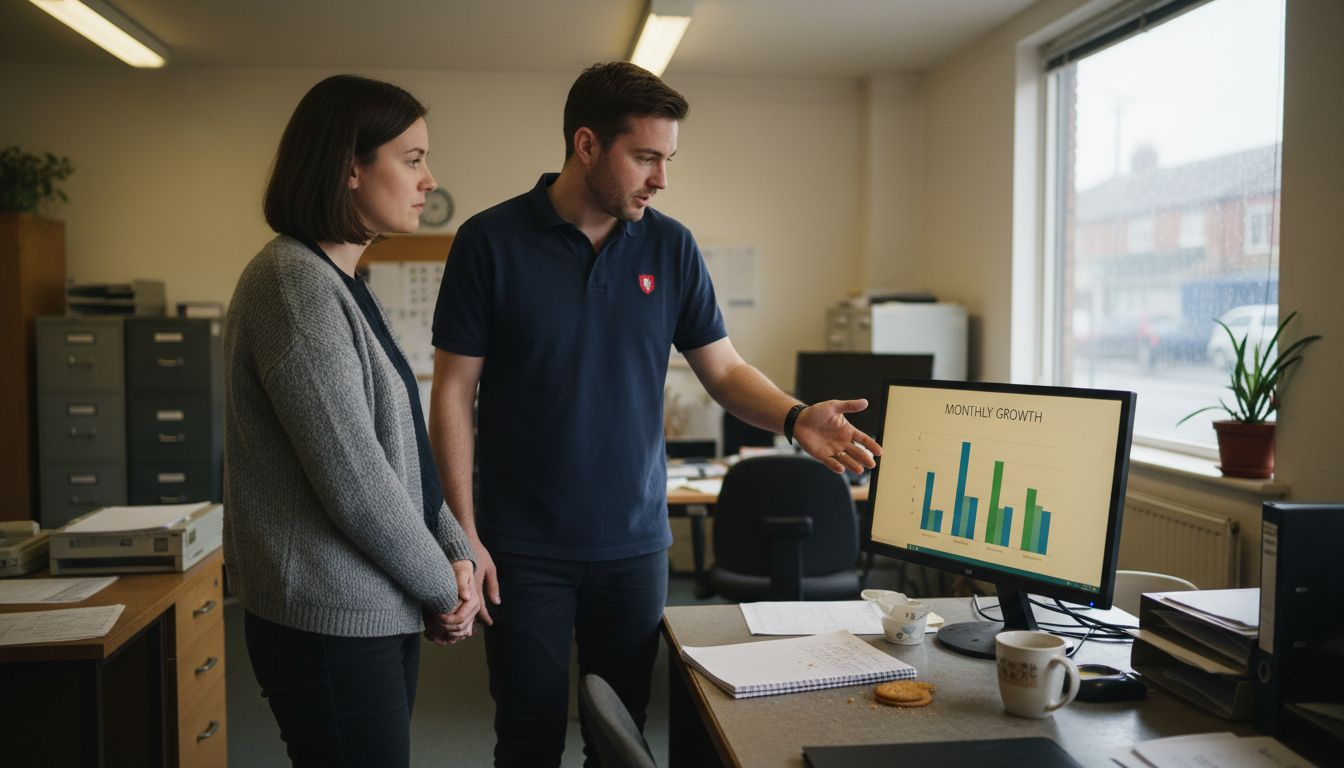 Two SME staff reviewing leads and AI chart