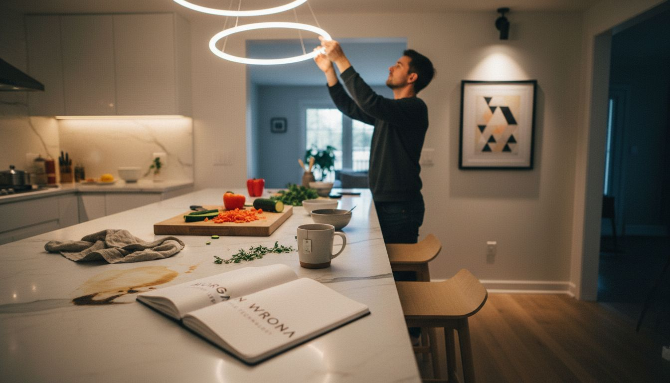 Designer adjusting lighting layers in kitchen
