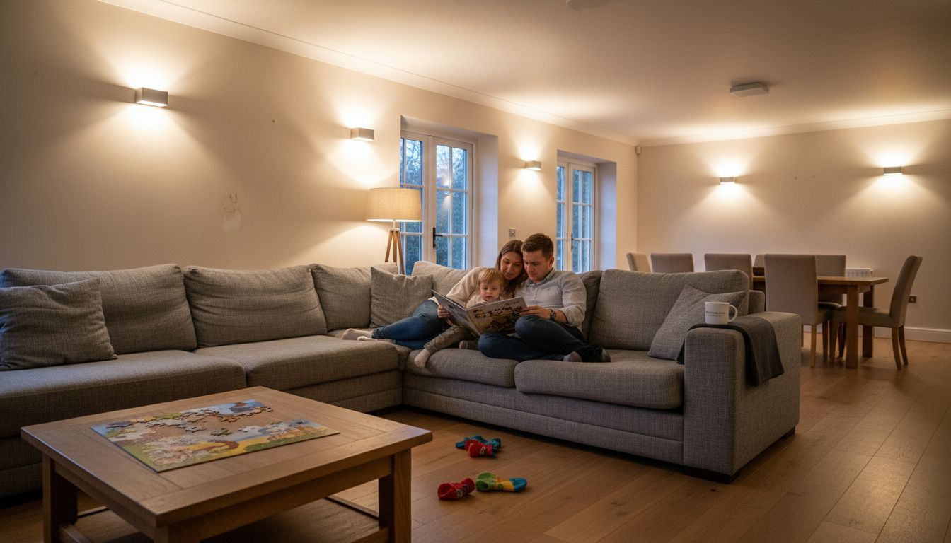 Family enjoying comfortable layered lighting at home