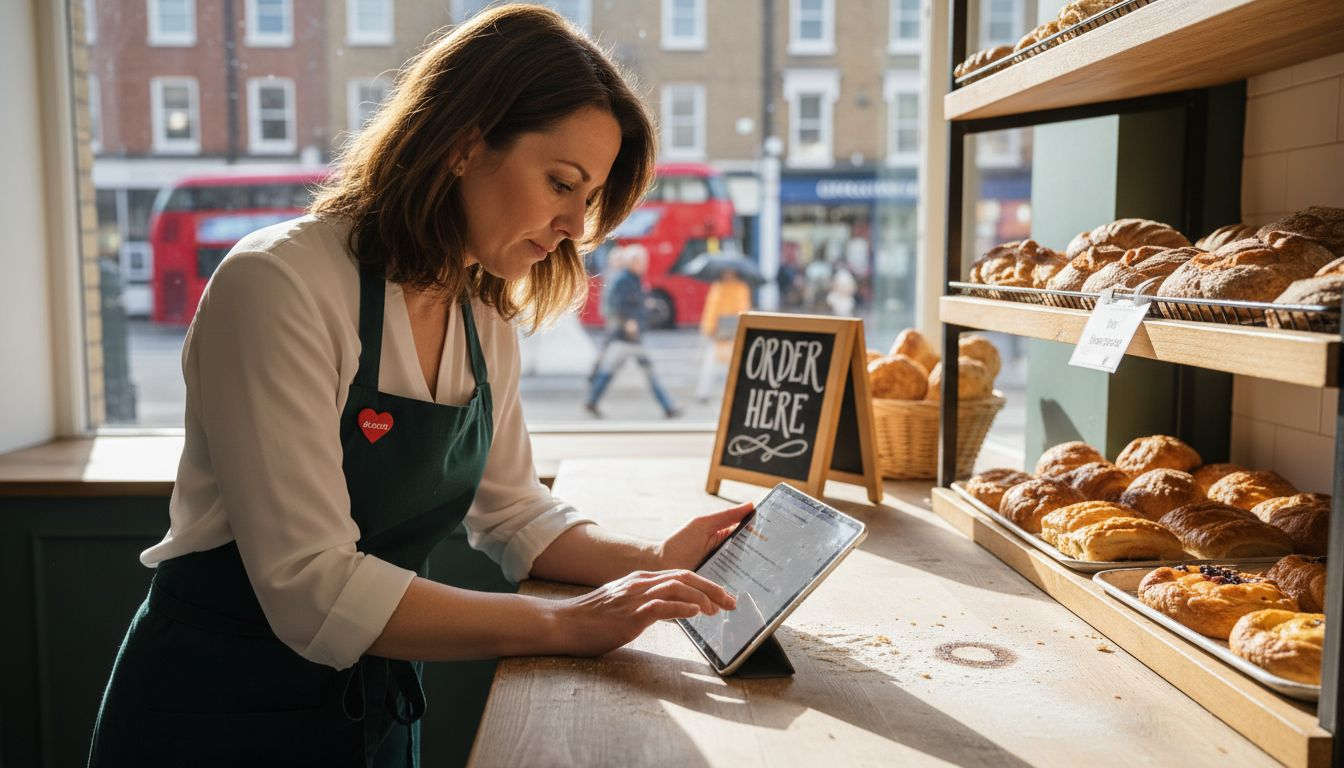 Manager updating bakery Google profile on tablet