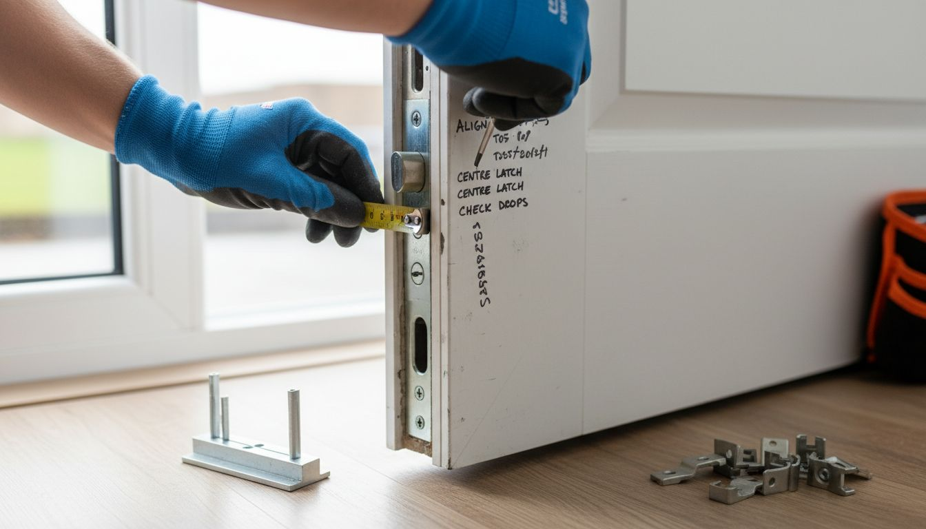 Hands aligning multipoint UPVC lock with tools