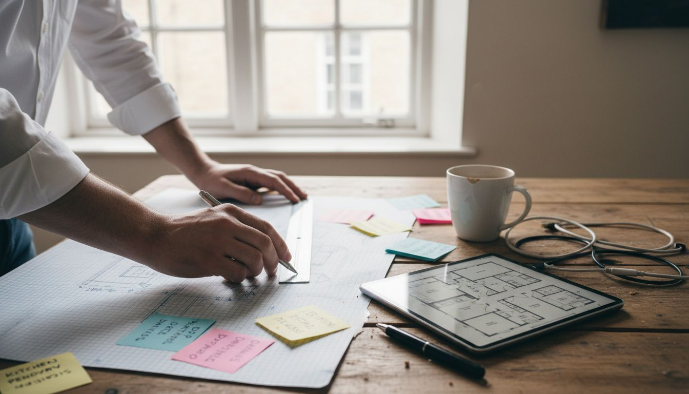 Designer mapping lighting plan at kitchen worktop