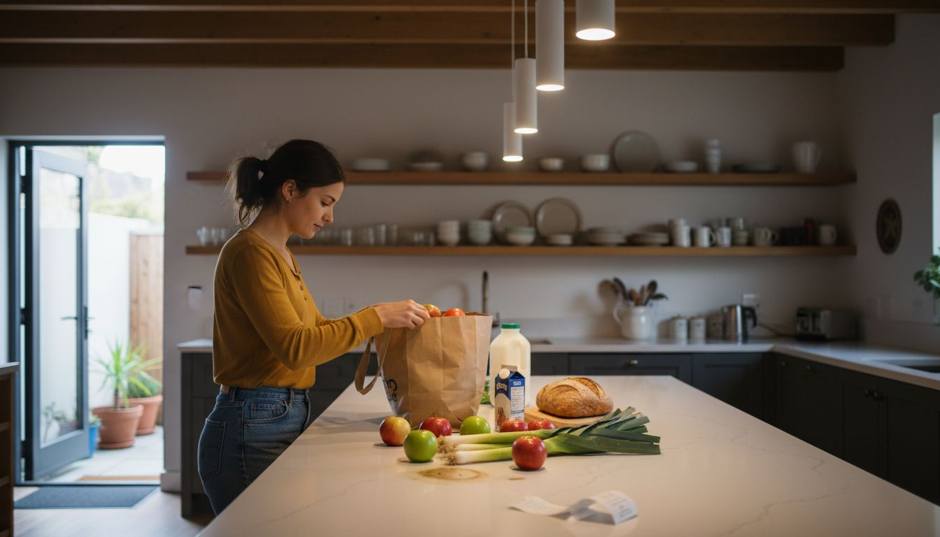 Smart kitchen lighting adapts as woman unloads groceries