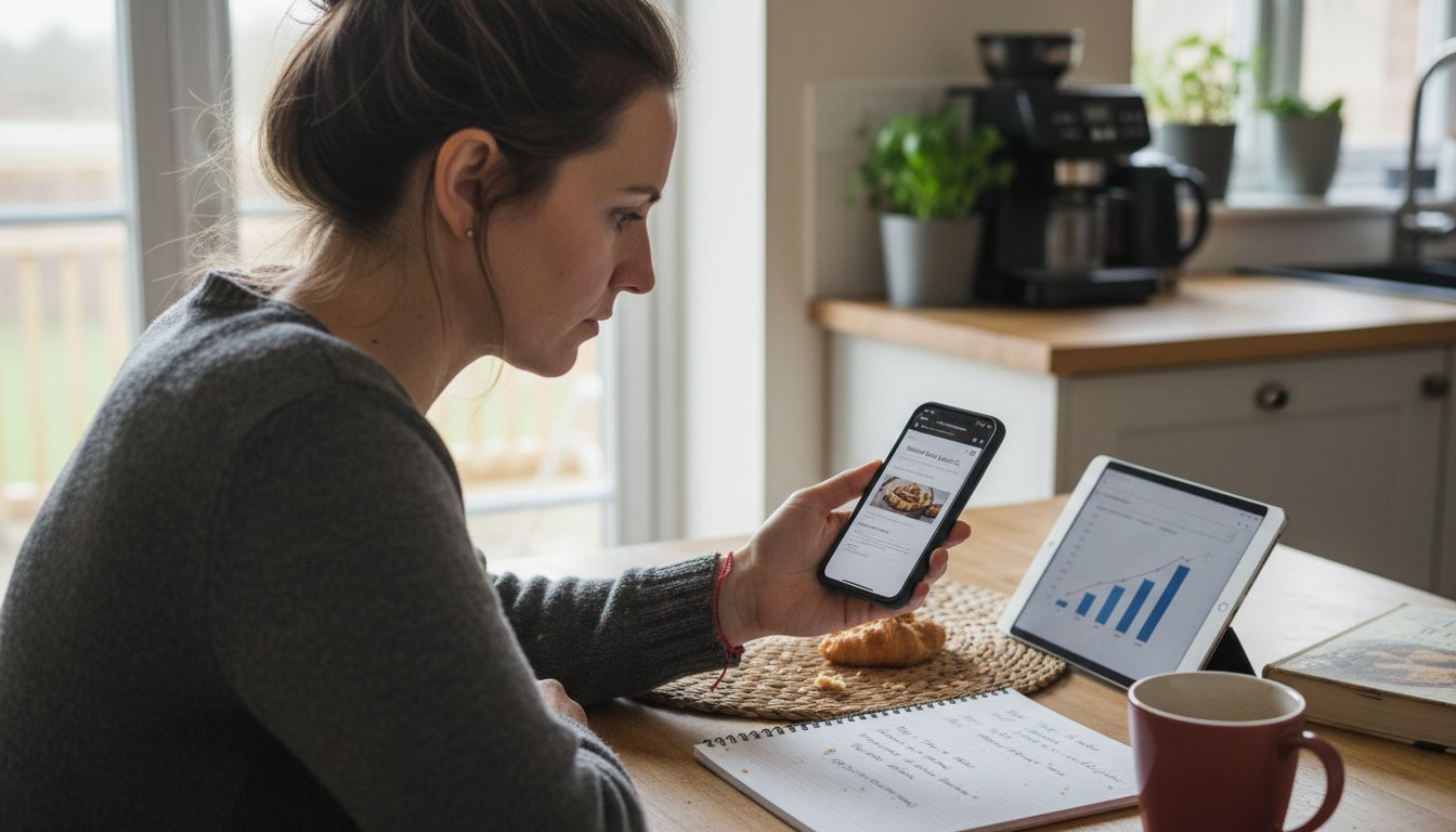 Woman checks mobile website at kitchen table