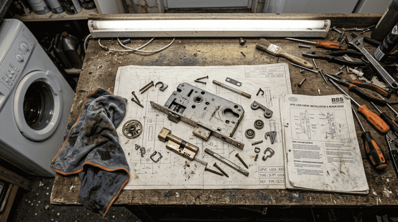 Disassembled UPVC lock components on workbench