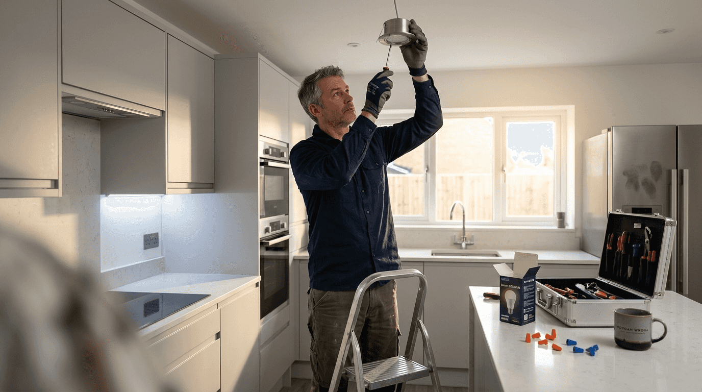 Electrician adjusting home lighting in kitchen