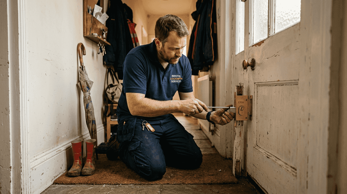 Locksmith installs anti snap lock at doorway