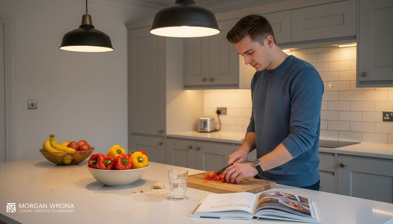 Person chopping vegetables under smart kitchen lights