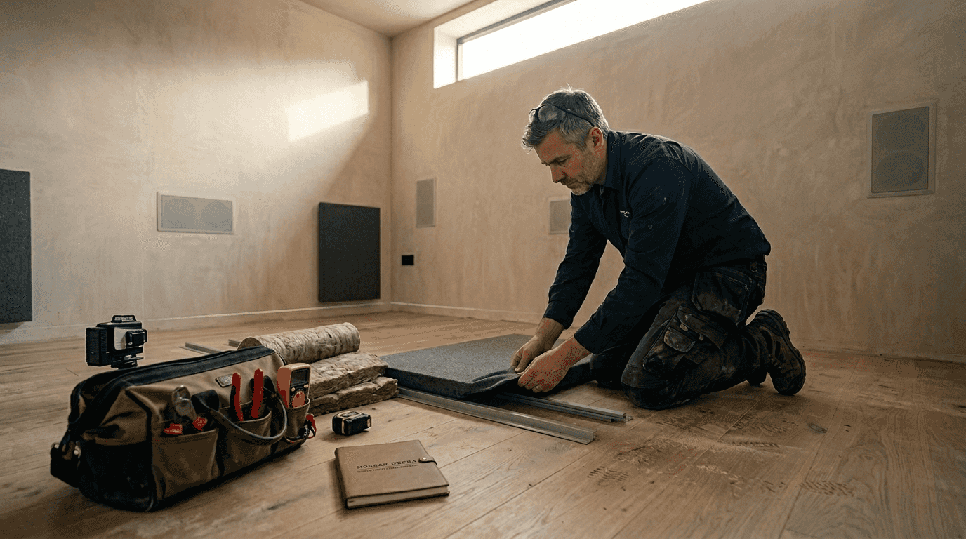 Technician installing acoustic panels in cinema