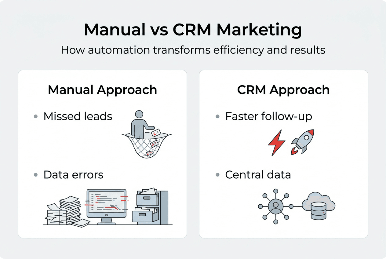 Infographic comparing manual and CRM marketing approaches