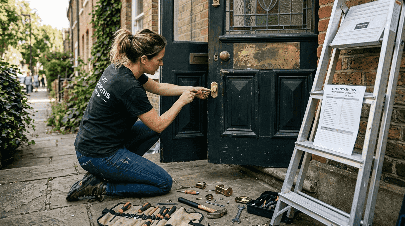 Locksmith replacing lock on old front door