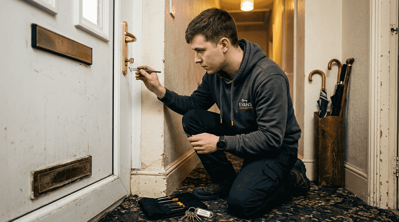 Locksmith removing broken key from door