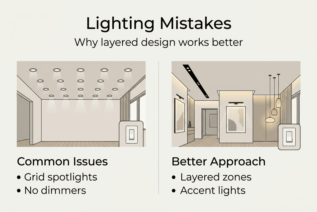 Infographic visualizing layered lighting vs common mistakes