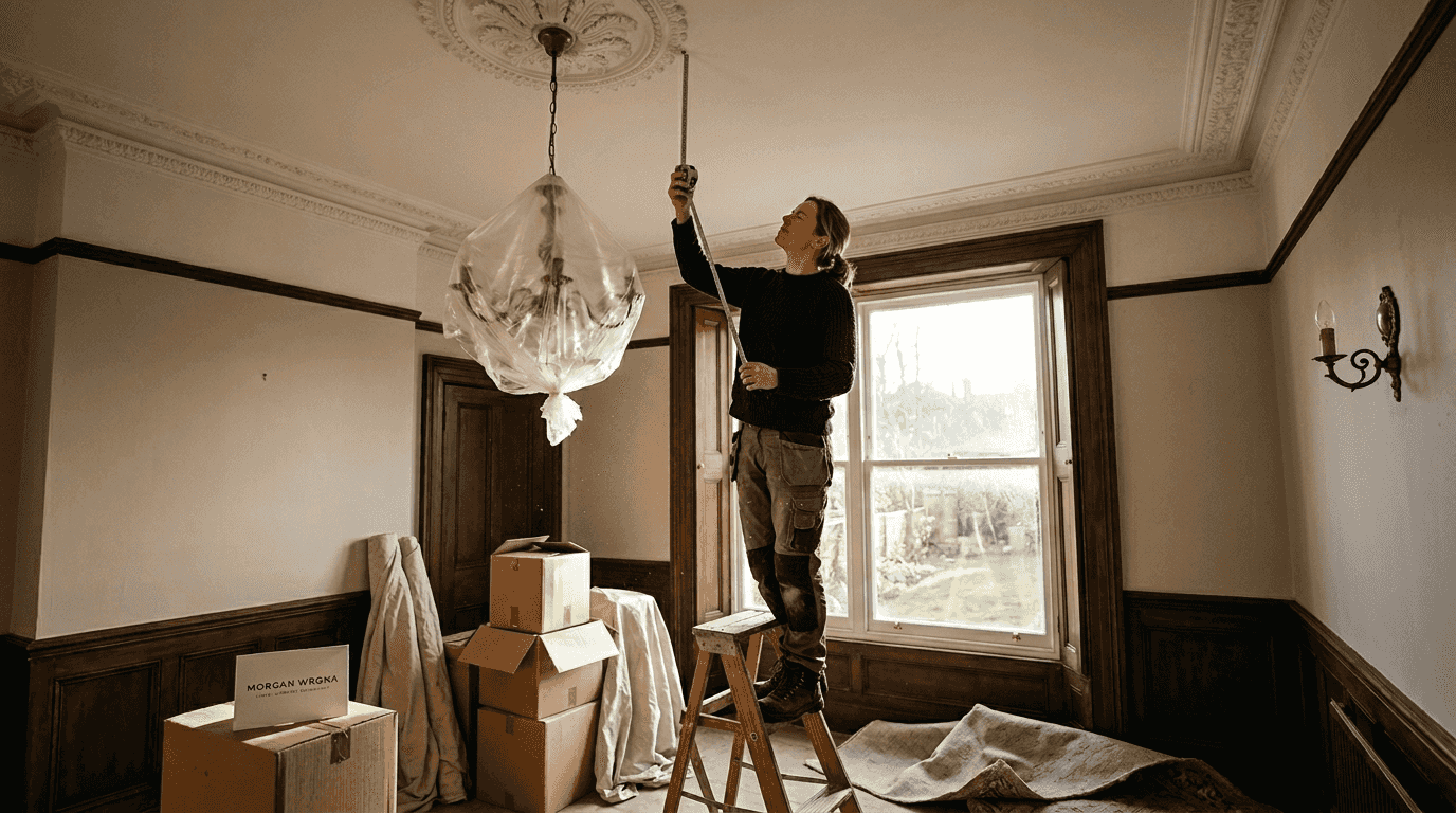 Woman measuring dining room ceiling height