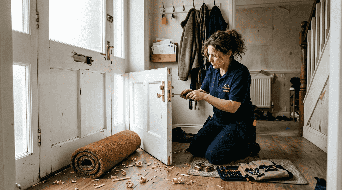 Locksmith replacing damaged lock after break-in