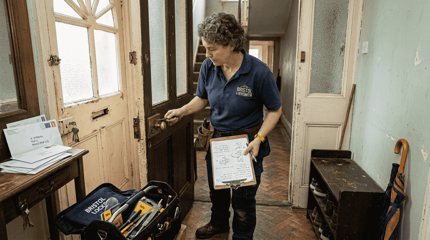 Locksmith inspecting Victorian flat entrance lock