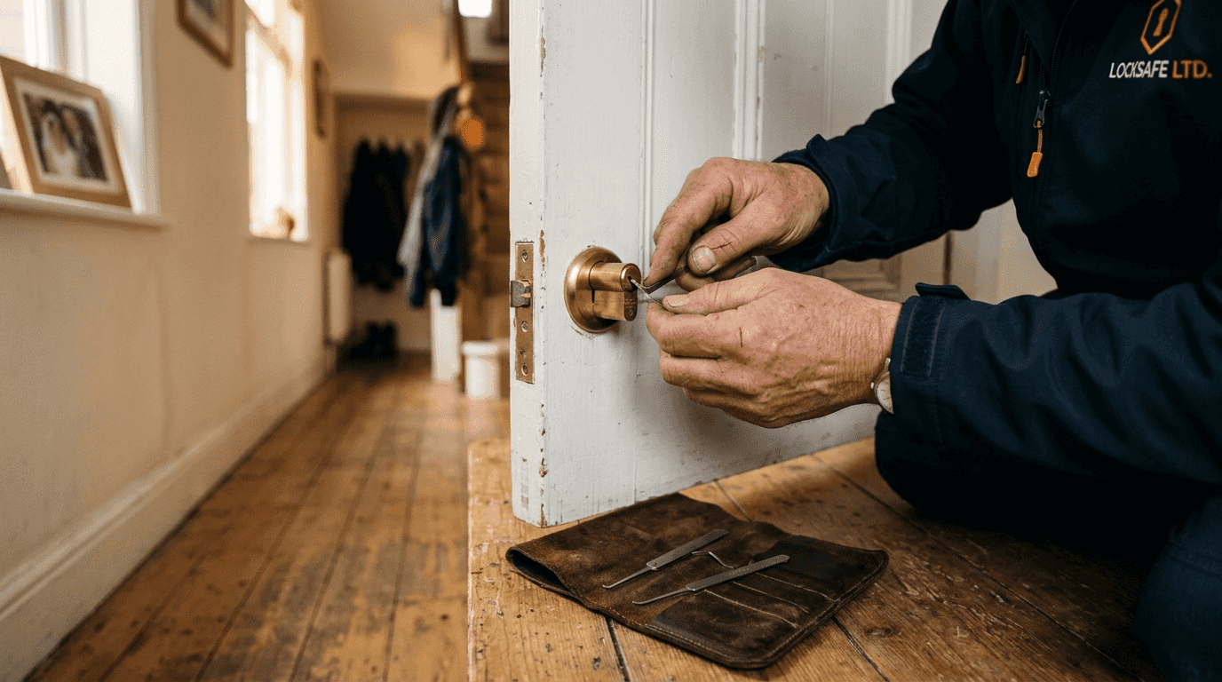 Locksmith using tools to open residential lock