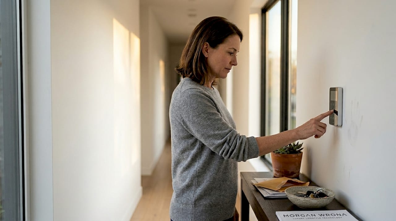 Homeowner adjusting smart home keypad hallway