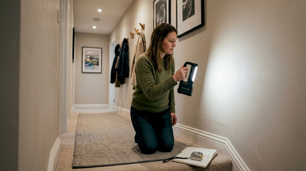 Woman demonstrating beam angles with light fixture