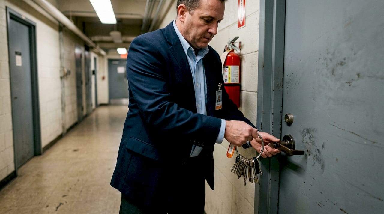 Security officer checks lock with master key