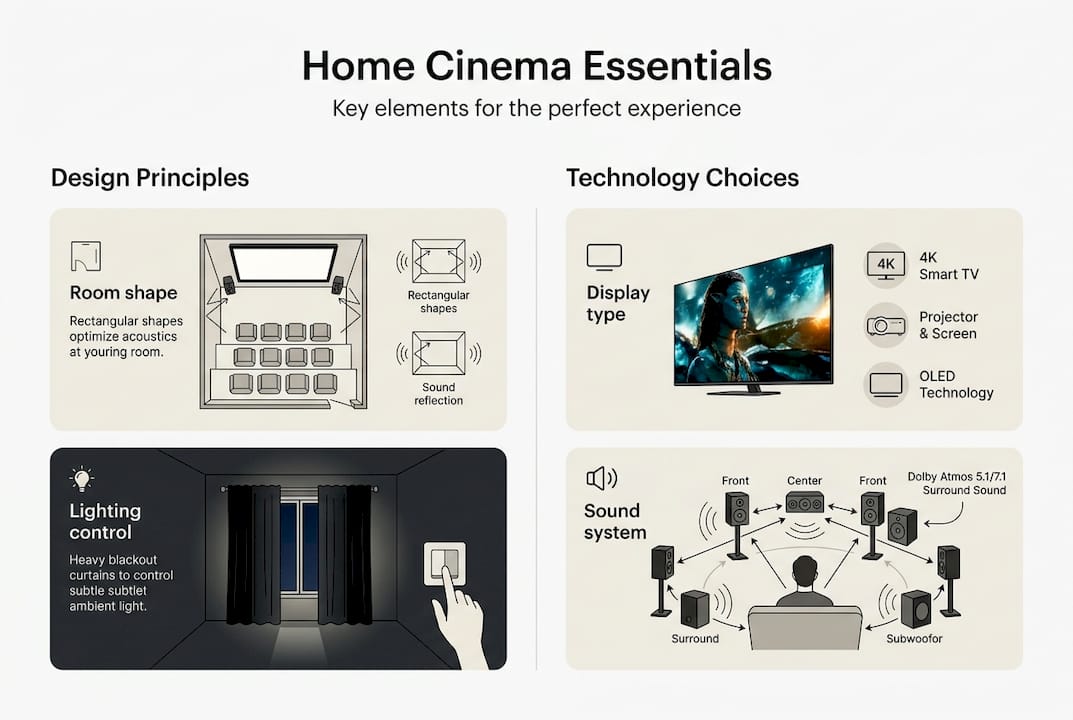 Infographic showing home cinema essentials and features