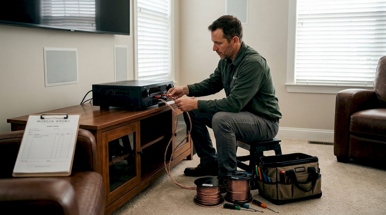Installer setting up home cinema surround sound