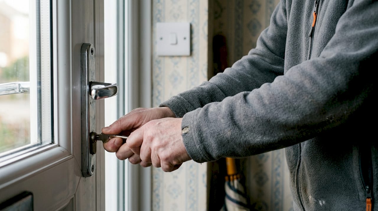 Hands struggling with jammed UPVC lock