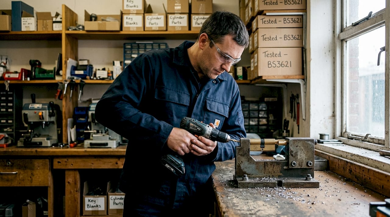 Technician testing lock in security workshop