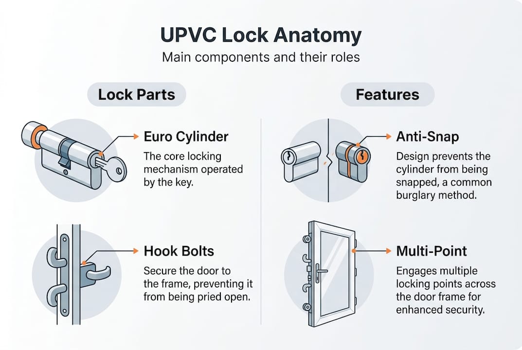Infographic showing UPVC lock components and features