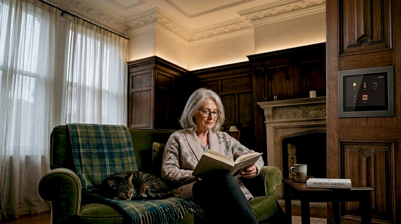 Smart lighting in historic living room with reader