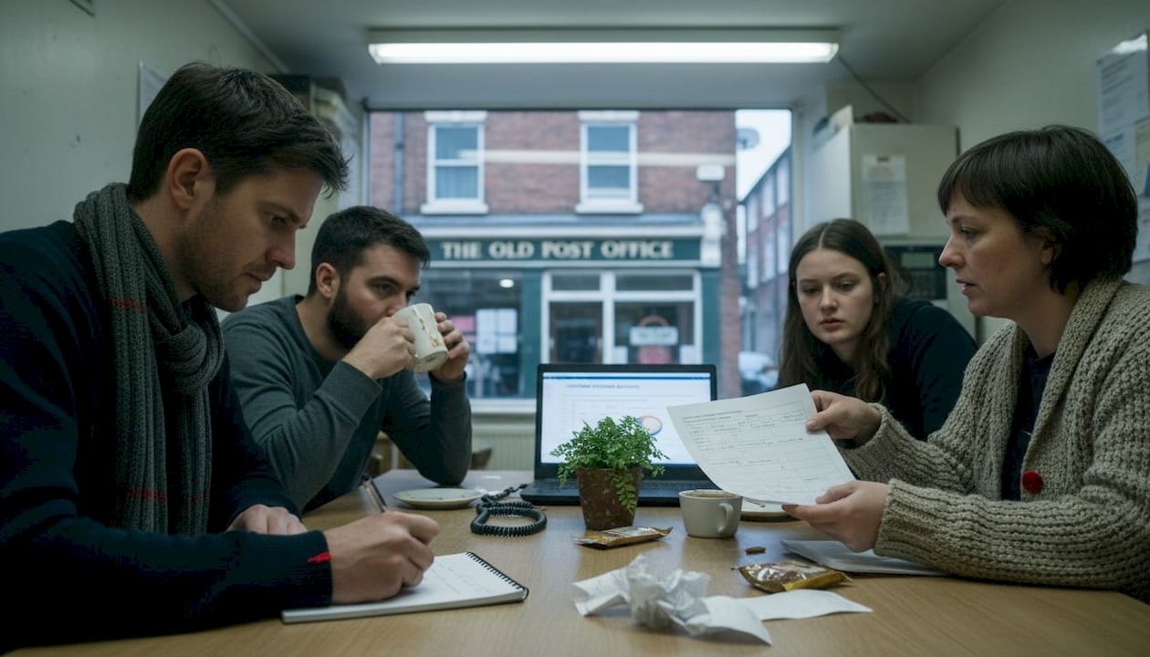 Team discussing feedback in small office meeting