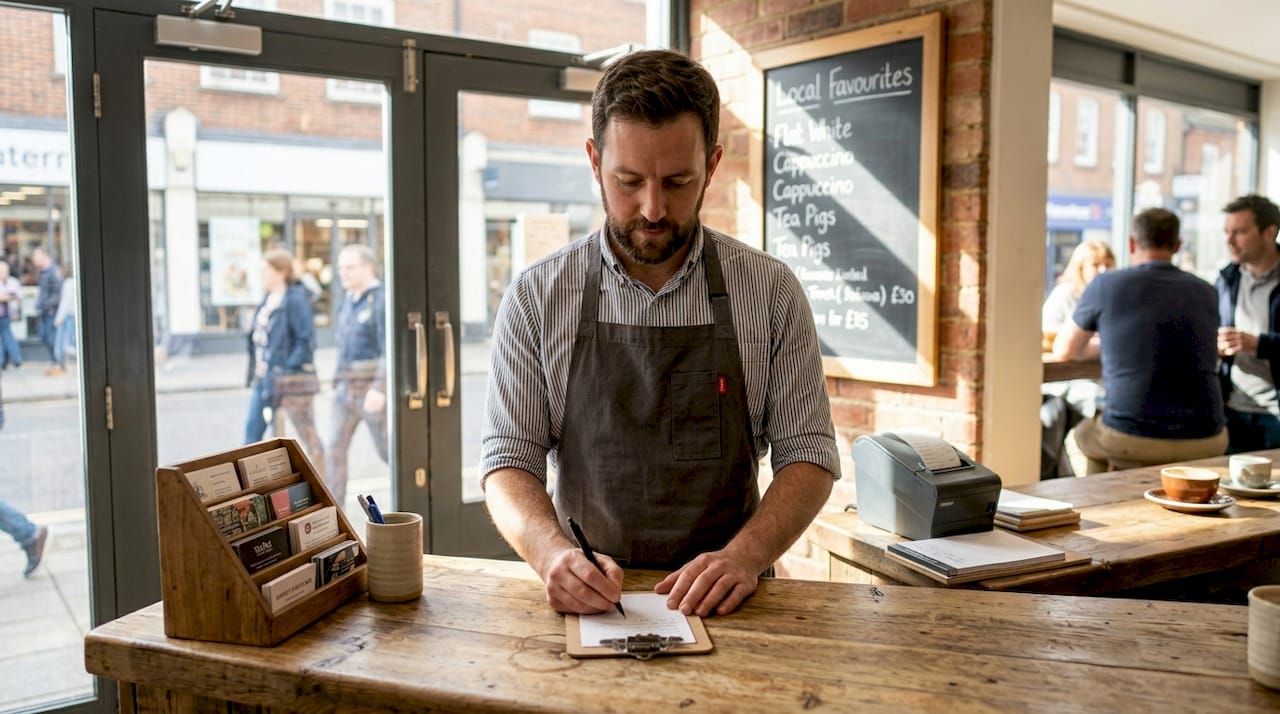 Café manager writing note behind counter