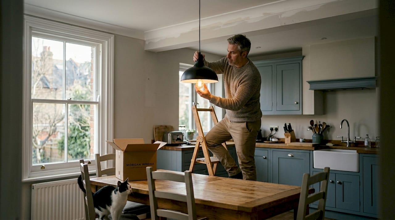 Homeowner installing new kitchen pendant light