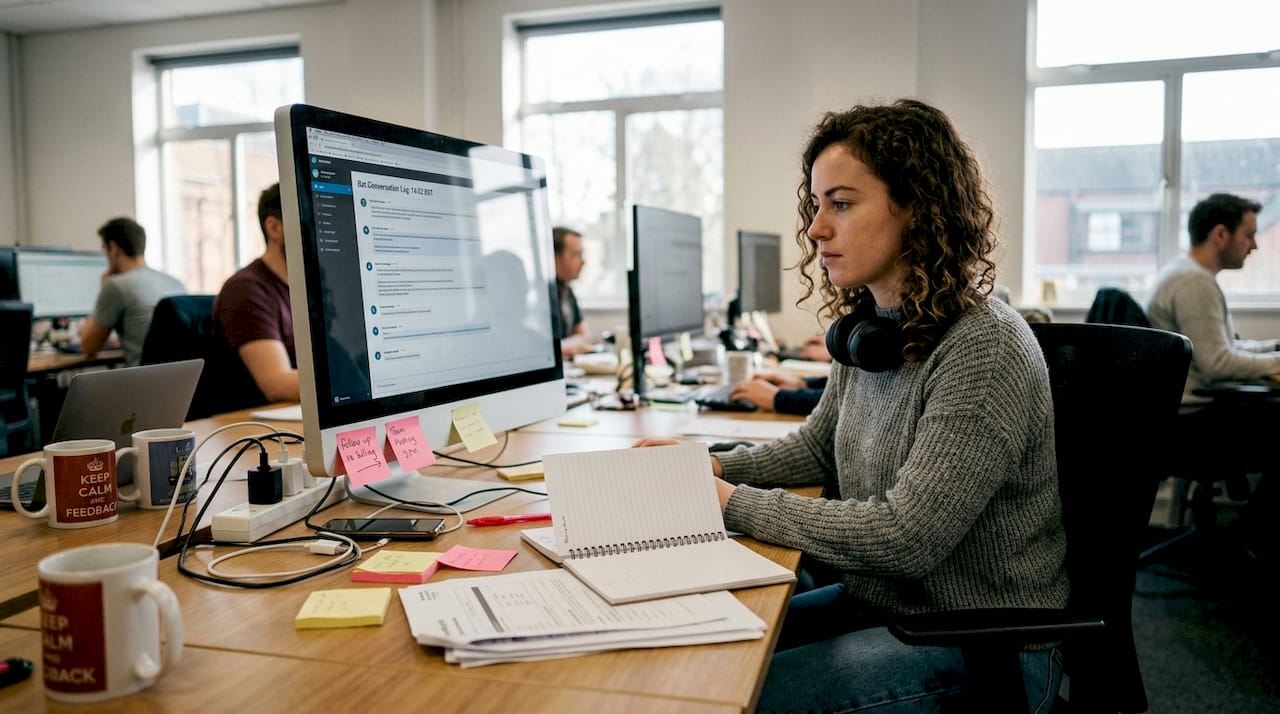 Support agent checking AI chatbot feedback