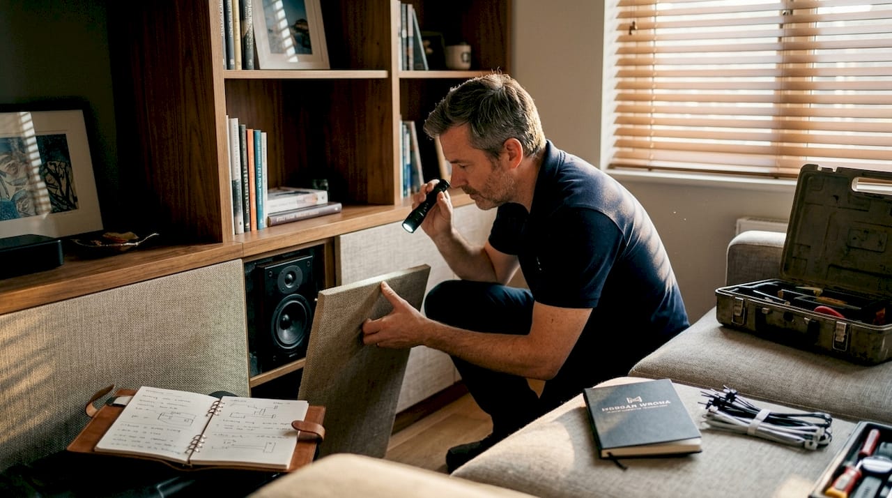 Technician inspecting in-wall speakers in living room