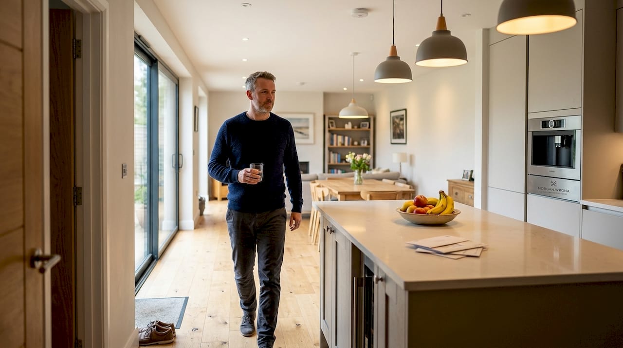 Man explores automated lighting in open kitchen