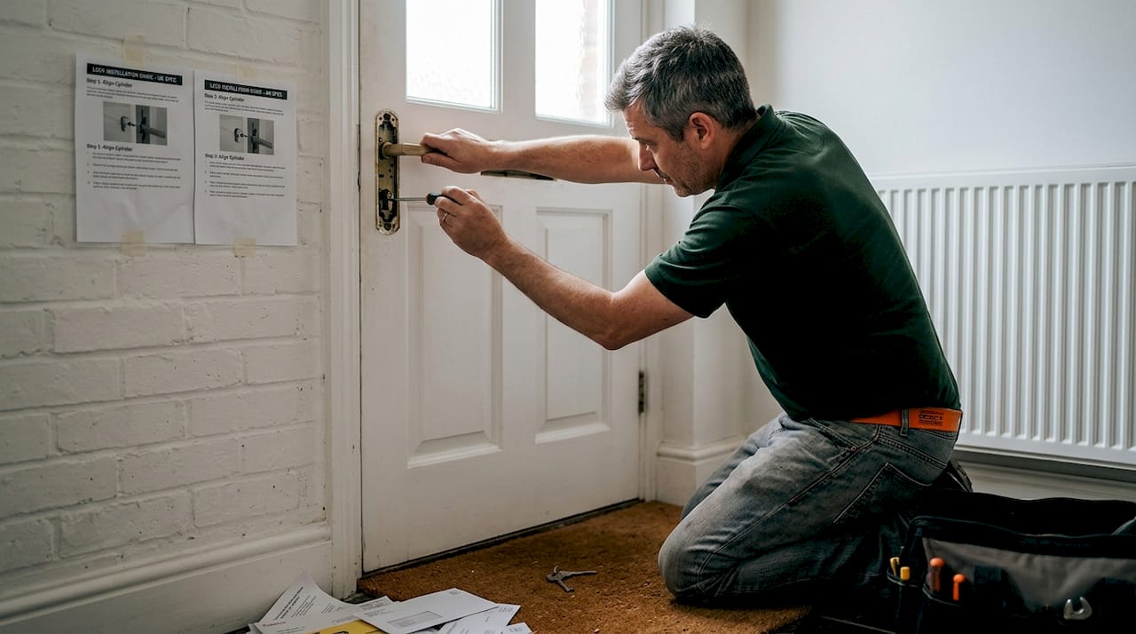 Handyman upgrading door lock at home entrance