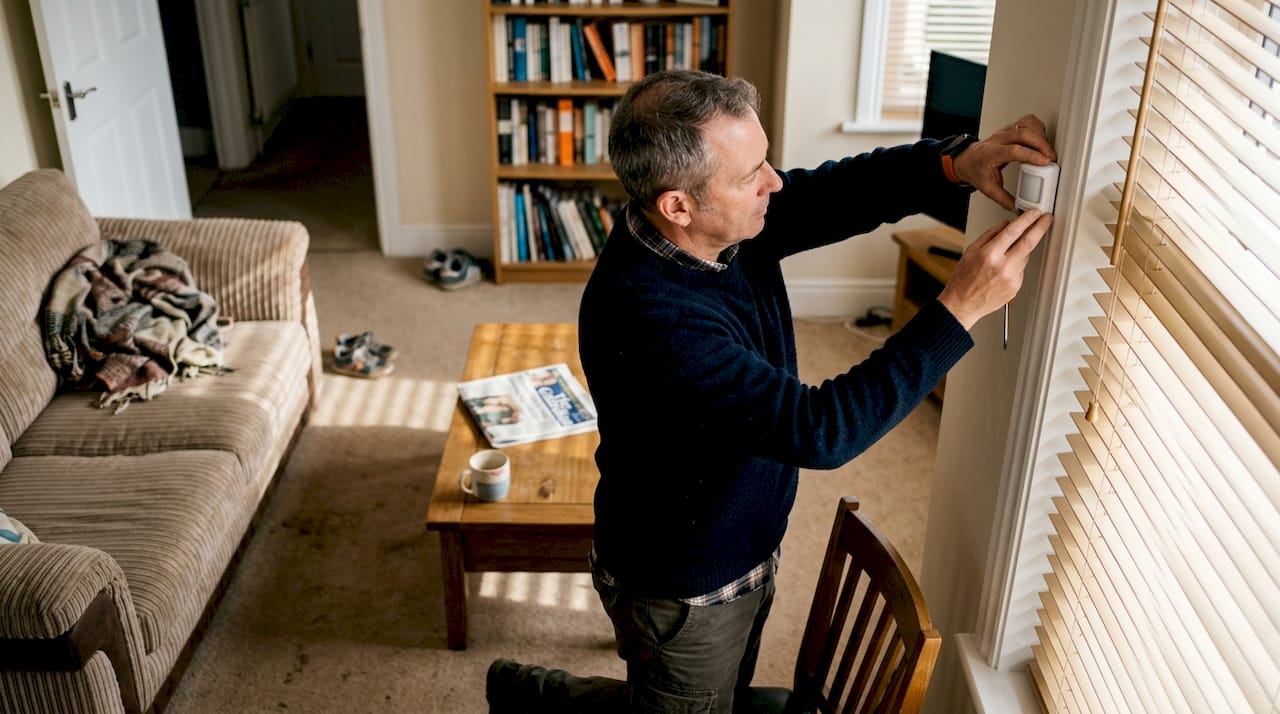 Man fitting motion sensor in living room