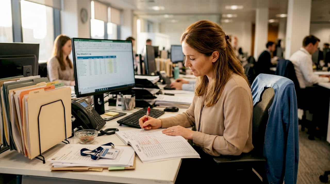 Office assistant updating secure key log records