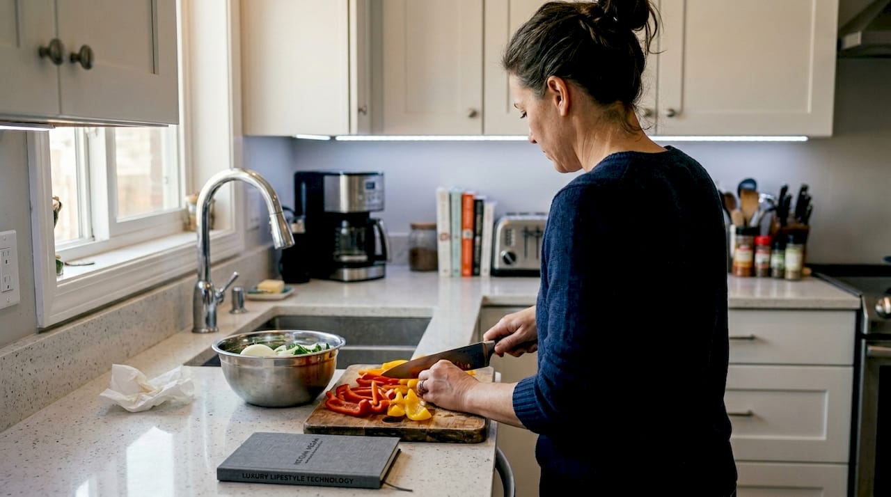 Kitchen meal prep under bright task lighting
