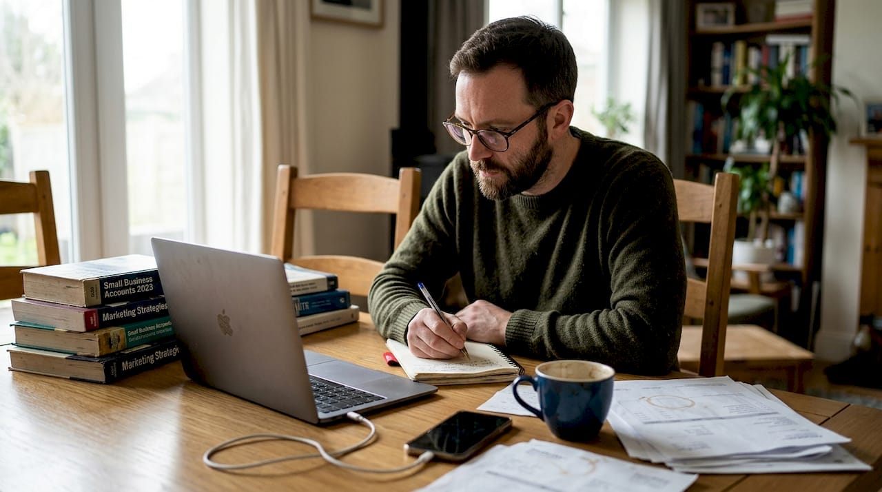 SME owner writing notes at home office table