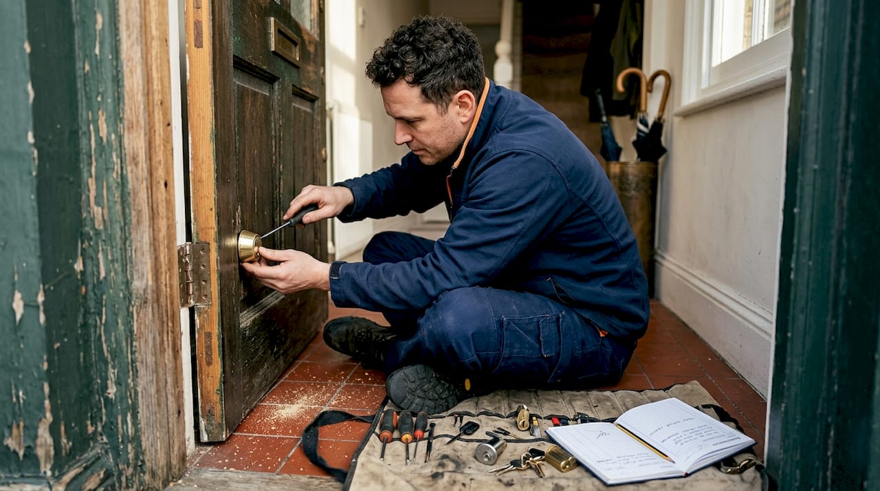 Locksmith repairing door after break-in