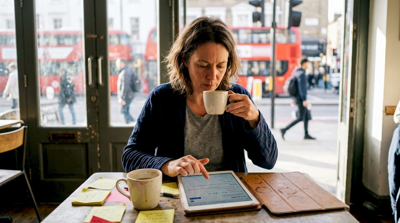 Woman updating Google Business Profile in café