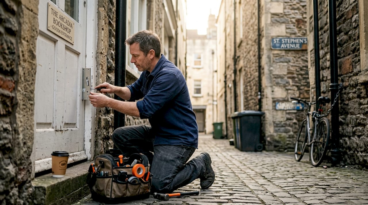 Locksmith upgrading Bristol shop back door