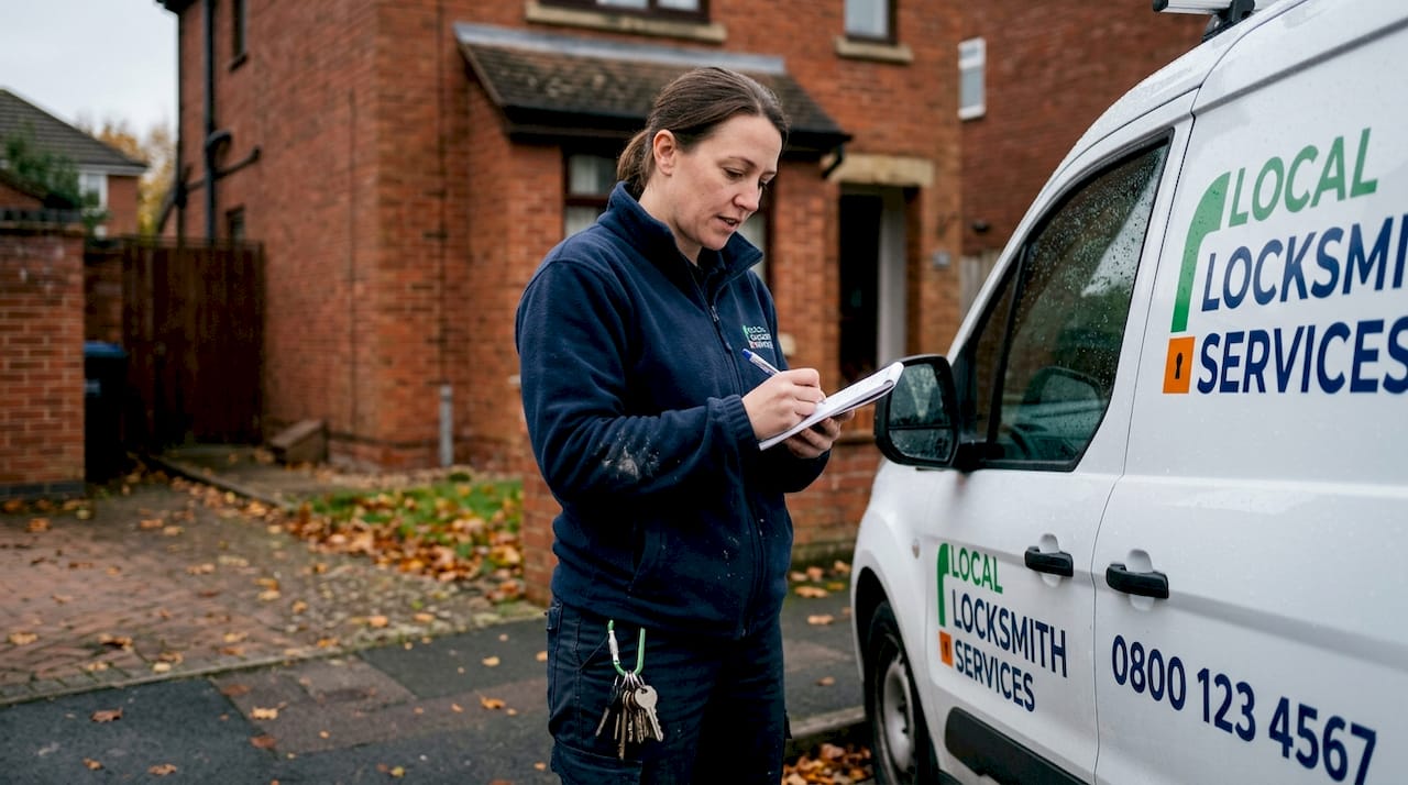 Locksmith writing quote outside customer’s home